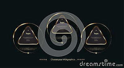2 Golden rectangle buttons, objects, elements on dark background. Three premuim banners or web buttons uesd for steps and work Vector Illustration