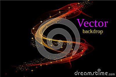 Golden red glowing waves with shiny glitters on black background. Abstract festive vector illustration Vector Illustration