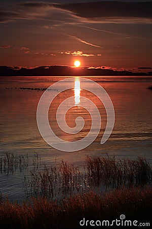 Golden Red Lake Champlain Sunrise Stock Photo