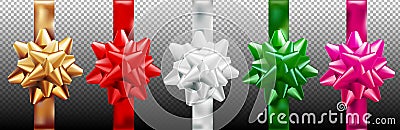 Golden, red, silver, green, pink gift bow set vertical ribbon. Isolated on transparent background. Vector illustration. Christmas Vector Illustration
