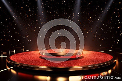 Golden red stage base with bright spotlight rays in night concert hall on shimmering background Stock Photo