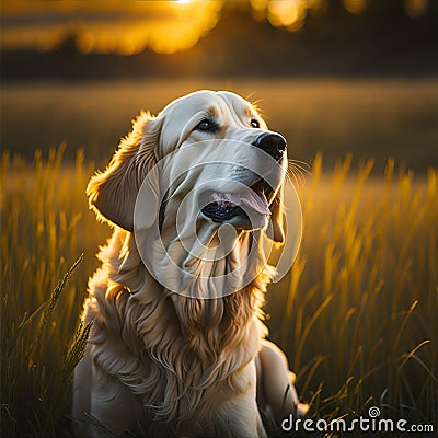 Golden Retriever dog enjoying outdoors at a large grass field at sunset, beautiful golden light. Ai Generated Stock Photo