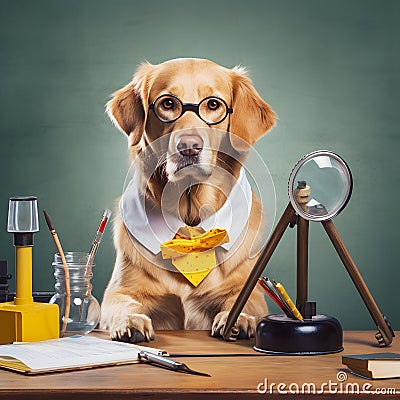 ai Golden Retriever dog with glasses scientist researcher in scientific chemical laboratory Funny education and study concept Stock Photo