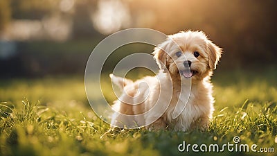 golden retriever dog Happy little orange havanese puppy dog is sitting in the grass Stock Photo