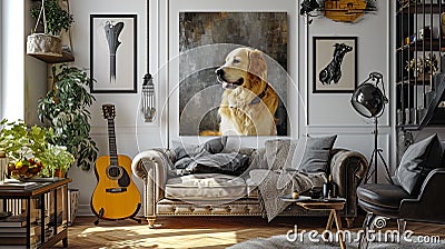 Golden retriever dog painting displayed on the wall Stock Photo