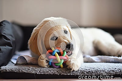 Golden retriever dog puppy playing with toy Stock Photo