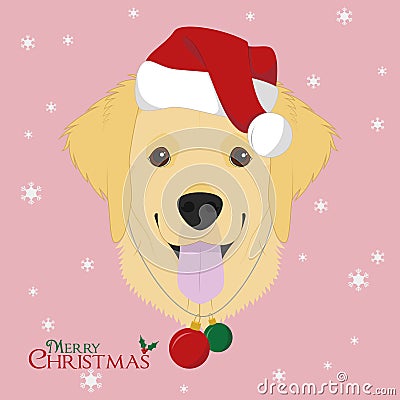 Golden Retriever dog with red Santa`s hat and Chistmas toy balls Vector Illustration