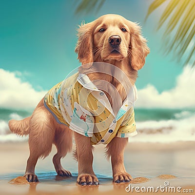 Golden retriever dog in summer outfit. Summer dog breed golden retriever wearing fashionable beach Stock Photo