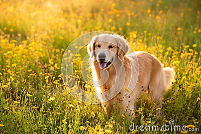 Golden Retriever in the field with yellow flowers Stock Photo