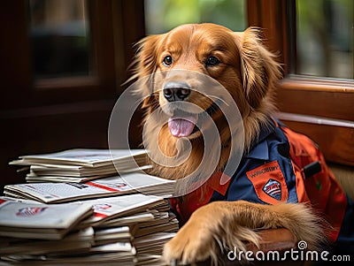 Golden retriever postman delivering letters with Canon camera Stock Photo