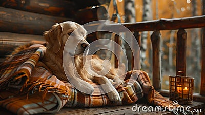 Golden Retriever Relaxing on a Plaid Blanket on a Cabin Porch in Autumn Stock Photo