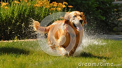 Cute Golden Retriever running and playing in the rain. Happy dog splashing water in the garden. Stock Photo