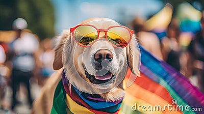 Golden Retriever Wearing Rainbow Bandana at LGBTQ Pride Parade AI Generated Cartoon Illustration