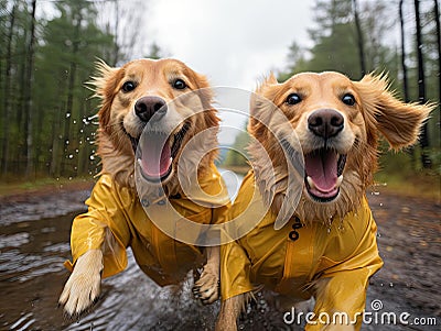 Golden retrievers in raincoats splash in puddles Stock Photo