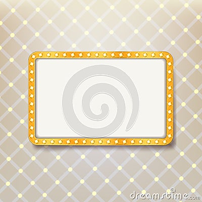 Golden retro frame with light bulbs on royal pattern background Vector Illustration