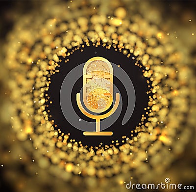 Golden retro microphone icon on blurred abstract gold circle background. Karaoke party shiny luxury banner Stock Photo