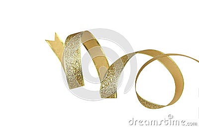 Golden ribbon curled isolated on white. Christmas decor element.Holiday decoration Stock Photo