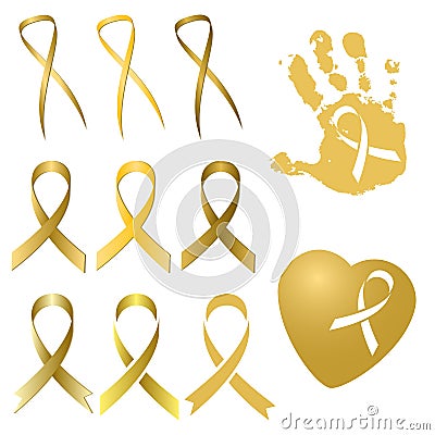 Golden ribbon in different versions. Childhood Cancer Day Vector Illustration