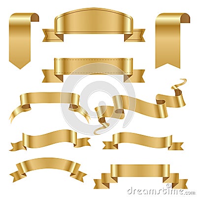 Golden ribbon tape banner flag bow classic glossy scroll vector illustration. Vector Illustration