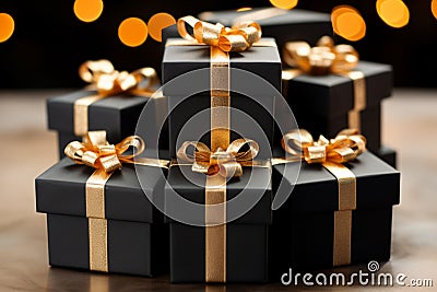 Golden ribbons grace Black Friday gift boxes, showcased from the front Stock Photo