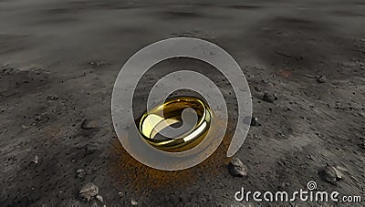 The golden ring lies among the stones on the gray earth. The lost ring lies on the dirty ground. Generated AI. Stock Photo