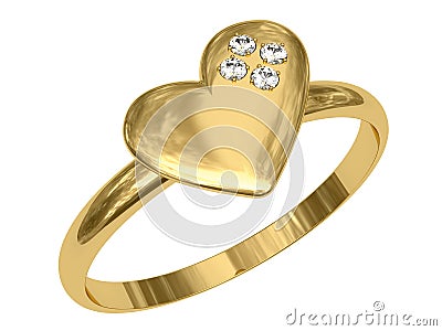 Golden ring in the shape of heart with diamonds Stock Photo