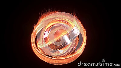 Golden rings in fire rotate endlessly on a black back 3d Stock Photo