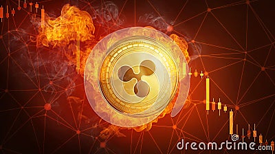 Golden Ripple coin falling in fire flame. Editorial Stock Photo