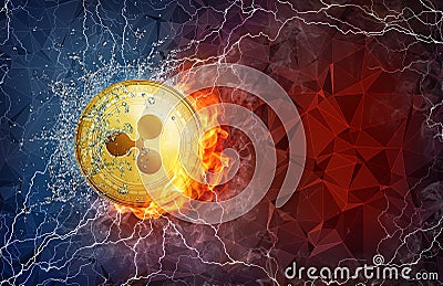 Gold Ripple coin hard fork in fire flame, lightning and water splashes. Editorial Stock Photo