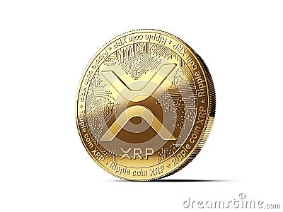 Golden Ripple XRP cryptocurrency physical concept coin isolated on white background. 3D rendering Editorial Stock Photo