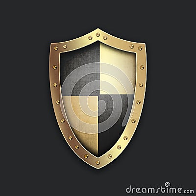 Golden riveted shield on black background Stock Photo