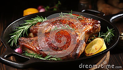 Golden roast goose in a pan, exquisitely prepared for a mouthwatering and flavorful culinary delight Stock Photo