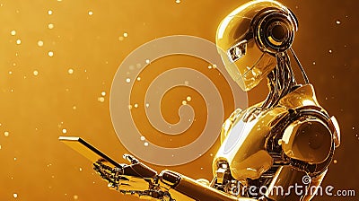Golden robot analyzing data on tablet in futuristic setting with ambient lighting Stock Photo