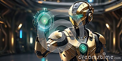 Golden robot look at energy source , the power of future humanoid robots, AI generated Stock Photo