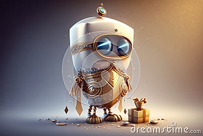 Golden Robot's Gift: A Creative and Colorful Cartoony Delight on White Background Stock Photo