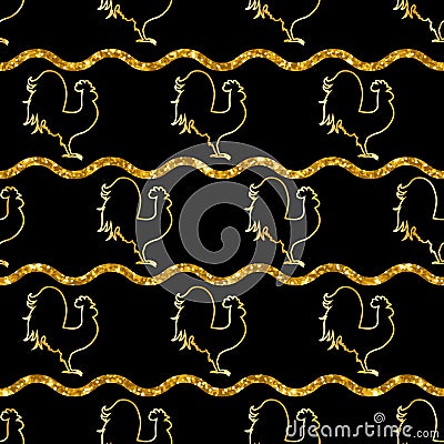 Golden Rooster on a black background. Gold glitter. Seamless pattern. Stock Photo