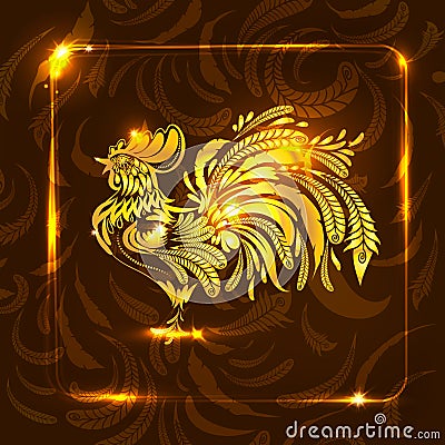Golden rooster on dark brown background. stylized drawing. greet Vector Illustration