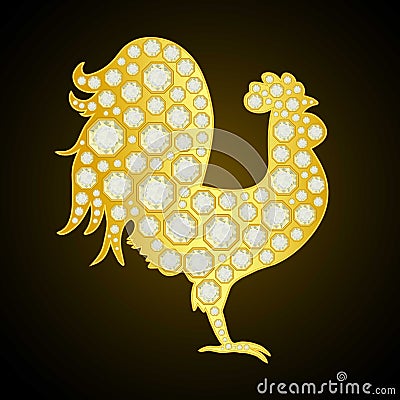 Golden Rooster with diamonds on black background. Vector illustration. Happy 2017 New Year. Cartoon Illustration