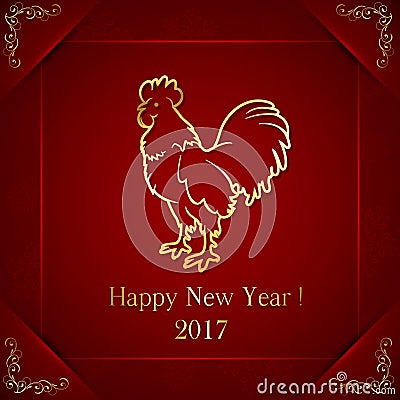 Golden rooster on red background Vector Illustration