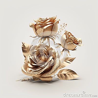 Golden roses on a white background. Generative AI Stock Photo