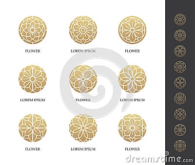 Golden round flower logo set Vector Illustration