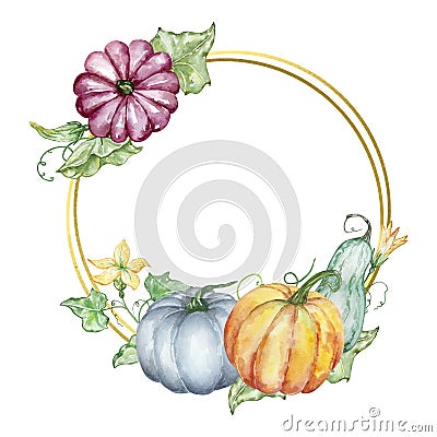 Golden round frame of watercolor pumpkins, flowers and leaves Vector Illustration