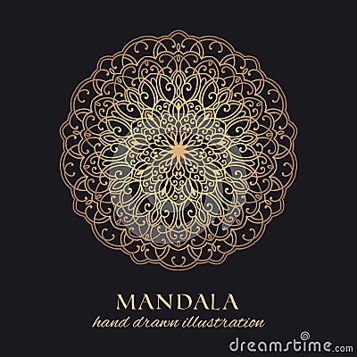 Golden round lace graphic element on black background. Hand drawn template for gold embossing Vector Illustration