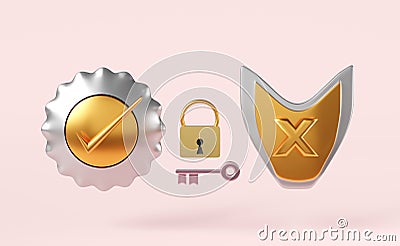 Golden round shield check and shield insecure with gold lock,key isolated on pink background.Internet security or privacy Cartoon Illustration