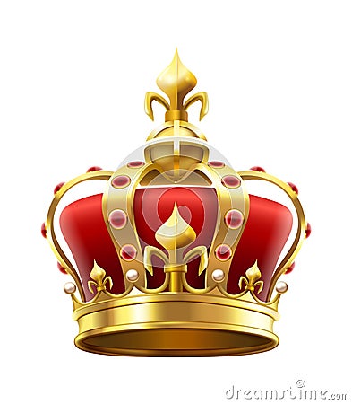 Golden royal crown with jewels. Heraldic elements, monarchic symbol for king. Monarchy accessory with red stones Vector Illustration