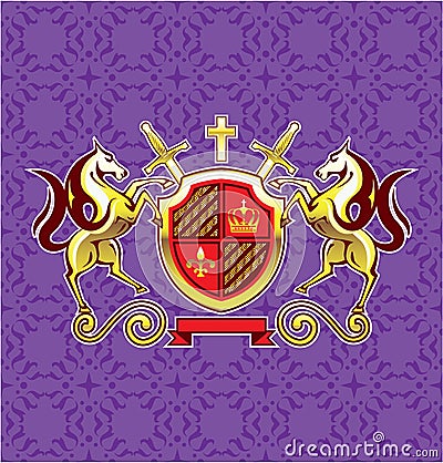 Golden Royal Emblem Horses Shield and Swords Vector Art Purple Background Vector Illustration