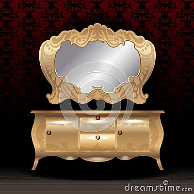 Golden royal mirror and desk, flat style over dark red background Vector Illustration