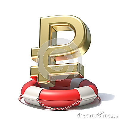 Golden ruble sign in lifebuoy 3D Cartoon Illustration