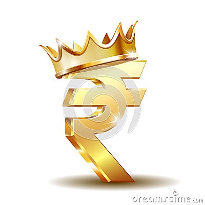 Golden Rupee Currency Icon with golden crown Isolated on white Vector Illustration