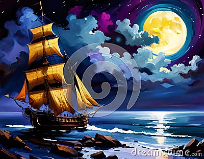 Golden Sails: A Ship Near Rocky Shoreline Under a Clear Moonlit Sky, Generative AI Stock Photo